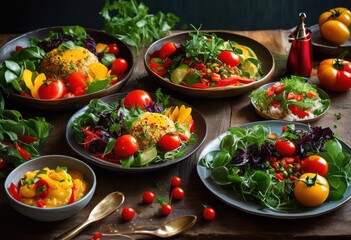 colorful plant based dishes artfully plated wood table surrounded fresh ingredients natural light, appetizer, arrangement, bowl, culinary, composition