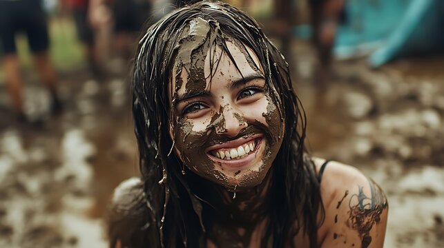 Woman covered in mud smiling at camera