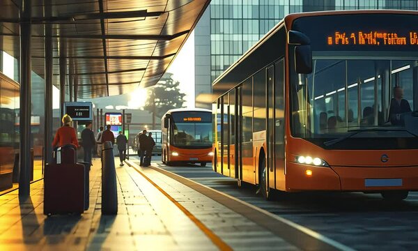 City bus station at sunset with waiting passengers with ai generated.
