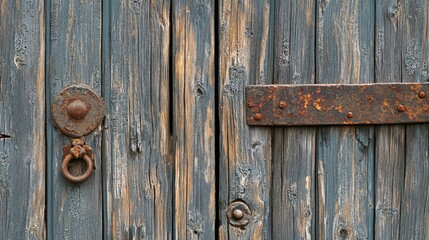 Fototapeta premium Close-up of a weathered wooden door with a rusted metal hinge and a large iron ring.