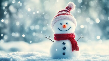 Winter holiday banner with a cute laughing snowman in a wool hat and scarf, in a snowy scene with bokeh lights