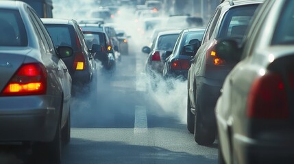 Heavy Traffic Jam with Exhaust Fumes on a Busy Urban Street During Rush Hour