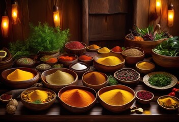 Fototapeta premium vibrant spices colorful dishes arranged textured bowls capturing culinary essence richness, cuisine, flavor, herb, vegetable, ingredient, food, assortment