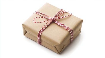 A small, simply wrapped New Year gift in brown kraft paper, tied with red and white twine, isolated on a white background.