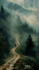 A misty winding path through a forest, evoking a sense of adventure and tranquility.