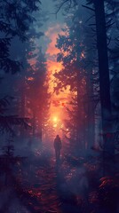 A solitary figure walks through a misty forest at sunset, creating a serene atmosphere.