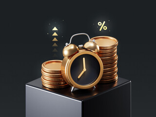 Time money finance investment business on 3d income profit currency background. Financial clock economy growth dollar wealth payment cash banking future fund management. Success gold reminder concept.