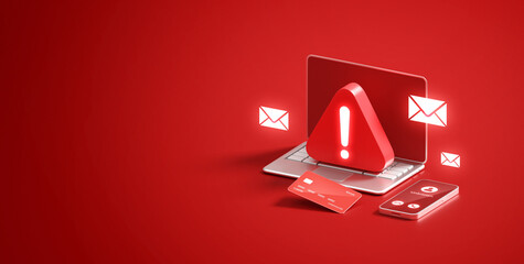 Scam fraud security warning crime internet technology phishing online alert digital risk protection 3d threat background with danger message spam cyber concept hacking attack email sms caution symbol.