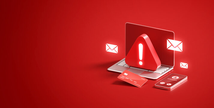Scam fraud security warning crime internet technology phishing online alert digital risk protection 3d threat background with danger message spam cyber concept hacking attack email sms caution symbol.
