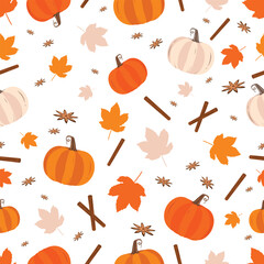 Autumn and fall season seamless pattern. Cinnamon sticks, vanilla flowers dry leaves and pumpkins texture. Decorative ornamental holiday and autumn elements Hello Autumn. Fabric textile pattern design