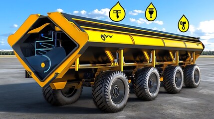 Naklejka premium Yellow Industrial Tanker Truck With Six Wheels And Water Drop Icon Symbols