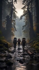 Three hikers walking through a misty forest along a stream.