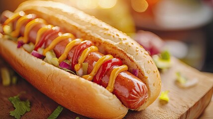 close-up of a hot dog on the table. Selective focus