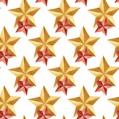 Seanless pattern of red and gold watercolor star isolated on white background. Festive symbol, traditional decorative element. Watercolor hand drawn illustration.