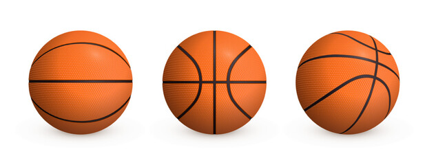 Orange basketball balls collection with shadow isolated on white background. Realistic vector sport inventory. Team sports items set.