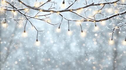Obraz premium Snowy Evening with Twinkling Lights on Branches Creating a Cozy Atmosphere