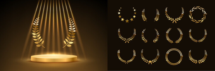 Gold award podium with laurel wreath and set of different golden laurel wreaths vector illustration. Luxury templates for glamour product presentation, winner ceremony.