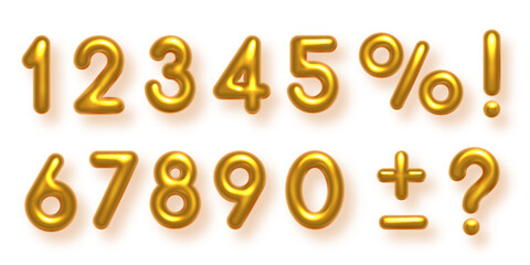 Birthday golden balloon numbers isolated on white background. Set of gold yellow isolated numbers. Bright metallic 3D realistic vector design elements for anniversary, celebration, party, sale.