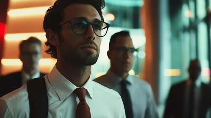 Fototapeta premium A focused businessman in a suit stands confidently in an office setting, surrounded by colleagues in a modern corporate environment.