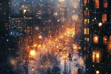 Fototapeta premium A Snow-Covered Cityscape at Night with Streetlights and Buildings Illuminated