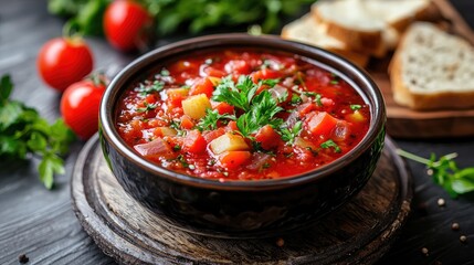 borscht in a plate on the table. Selective focus