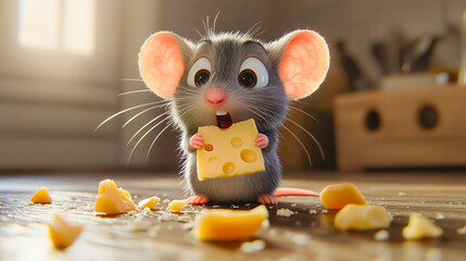 A cartoon-style mouse holding cheese in its paws, happily eating the cheese it found in a house, portraying a cute and sweet character.