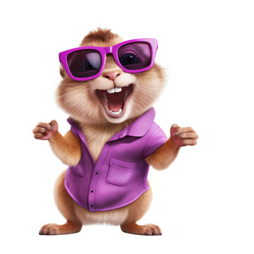 A cheerful cartoon squirrel wearing sunglasses and a purple shirt, smiling and giving a thumbs up., transparent, png