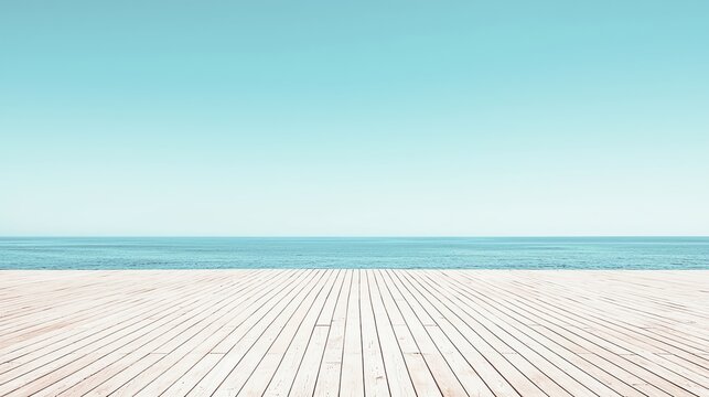 A serene beach scene featuring a wooden deck against a calm sea under a clear blue sky, perfect for relaxation and inspiration.