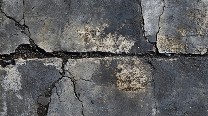 Obraz premium Closeup of cracked asphalt surface with dark patches and visible dirt.