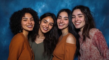 Fototapeta premium Joyful Friends Posing Together Against Blue Background
