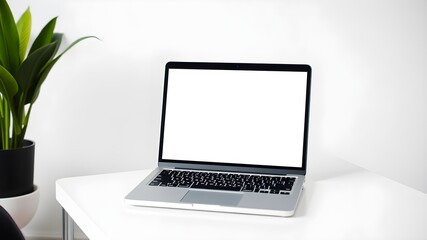 Fototapeta premium blank white screen laptop mockup on the table