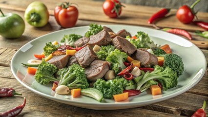 Mix Beef meat cube salad on white plate with falling ingredients broccoli, peppers and chili in the air isolated on background.