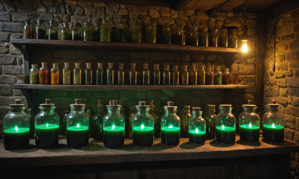 Green candles glow in a dimly lit room with stone walls and shelves filled with jars - Powered by Adobe