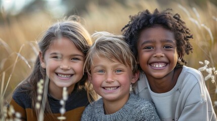 Fototapeta premium Three children from different ethnic backgrounds, smiling brightly