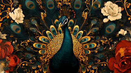 Generative AI, Art Nouveau Peacock with Jewel-Toned Feathers and Floral Motifs