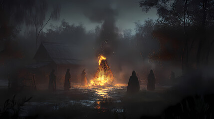 Generative AI, Folk Horror: Shadowy Figures Performing a Ritual Around a Wicker Man