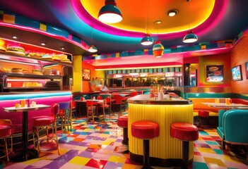 Fototapeta premium vibrant display colorful fast food delights flavorful beverages spread across table, burgers, fries, sweets, candies, desserts, donuts, nachos, pizza