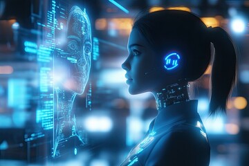 Fototapeta premium Futuristic robot looking at information on screen 
