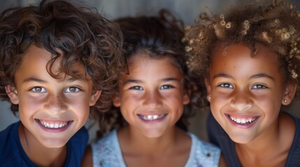 Fototapeta premium Three happy children with different hair types, smiling warmly
