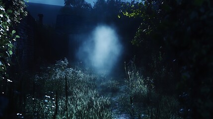 Fototapeta premium A faint ghostly outline drifting through an overgrown garden at night.