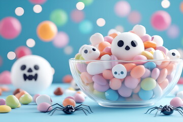 Obraz premium A bowl of assorted Halloween candy spilling onto a table, banner wallpaper with copy space