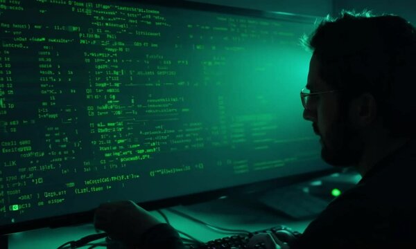 Hack in front of Computer Code Displayed on Screen in Green Light