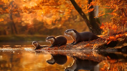 Obraz premium A family of otters playing by a riverbank, the water reflecting the autumn-colored forest.