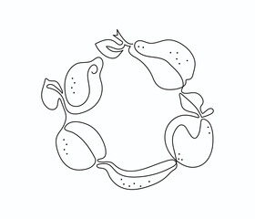 Set of abstract fruits. Frame, border. One line drawings. Food, harvest. Isolated background.