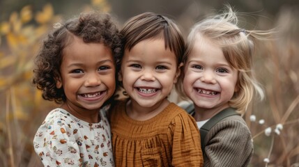 Fototapeta premium Three happy children with different skin tones, smiling together
