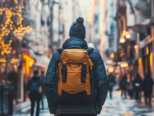 A solo traveler walking through a bustling city street with a modern backpack, exploring new cultures and sights