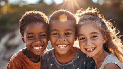 Fototapeta premium Three happy kids from different ethnic backgrounds, smiling together