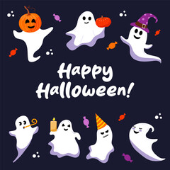 Naklejka premium Greeting card with cute ghosts. Funny ghosts in hat with pumpkin. Holiday cartoon characters vector set on blue background.