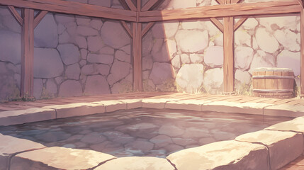 Rustic Stone Bathhouse with Wooden Beams and Natural Light