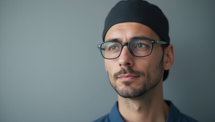 Obraz premium A man with glasses and a black hat gazes thoughtfully at something off-camera, standing against a neutral background.